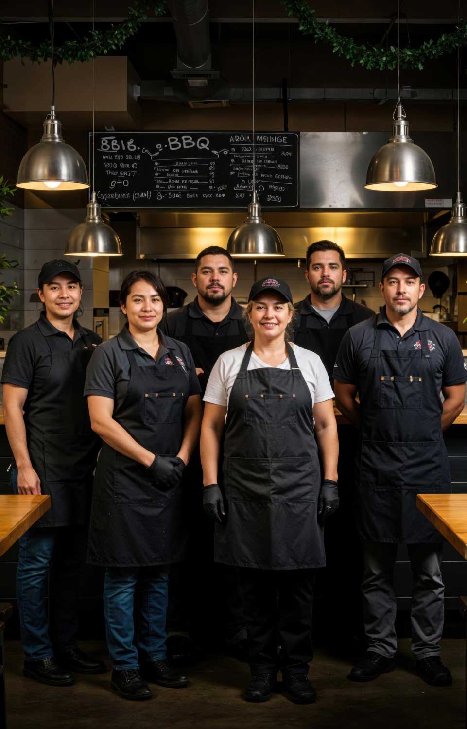 temp agencies in New Castle hiring support showing a restaurant team of staff members in uniforms standing together in a commercial kitchen, representing workforce placement and staffing solutions for the food service industry.