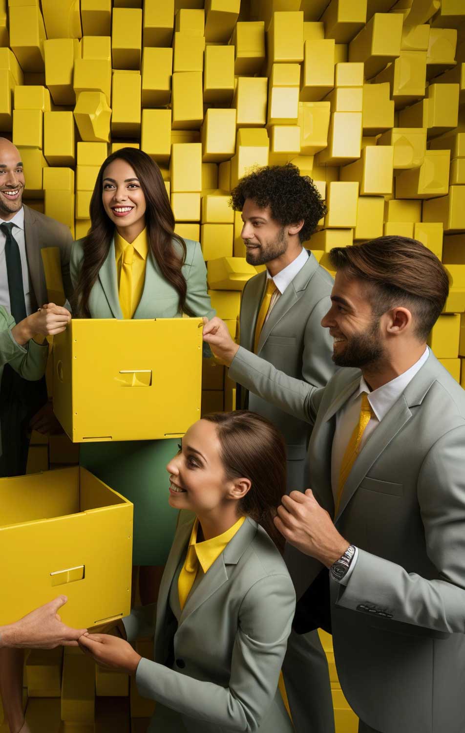 temp agencies in New Castle teamwork concept showing professionals in coordinated attire handling storage boxes together, representing staffing solutions, workforce collaboration, and organized job placement support.